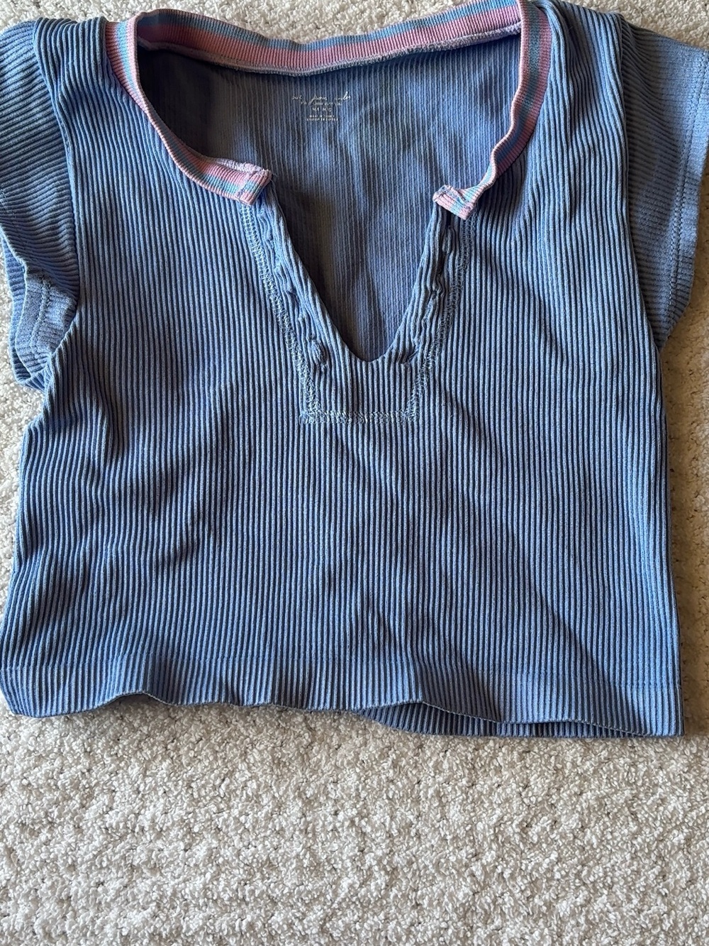 Urban Outfitters Blue Ribbed V-Neck Crop Top with Pink Trim